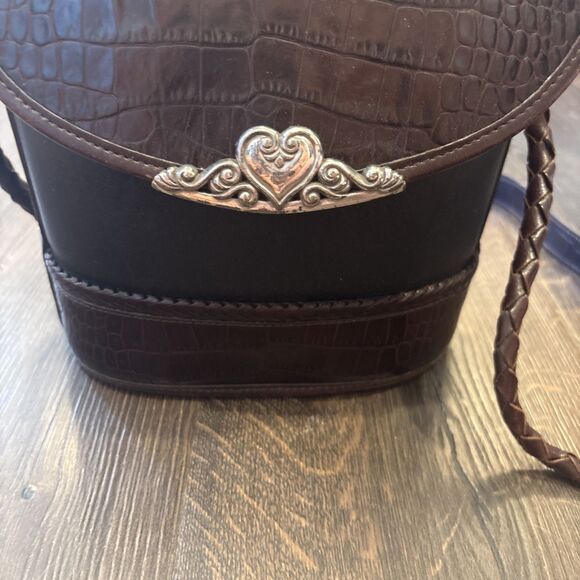 BRIGHTON Bucket Tote Shoulder Bag Purse Brown Leather w/Embossed Crocodile VTG - Picture 2 of 7